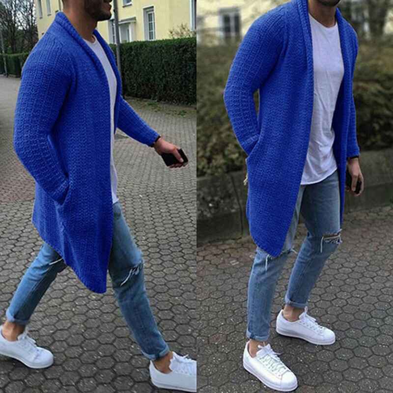 Blue-Mens-Shawl-Collar-Cardigan-Sweaters-Open-Front-Cable-Knit-Long-Trench-Coats-with-Pockets-G034