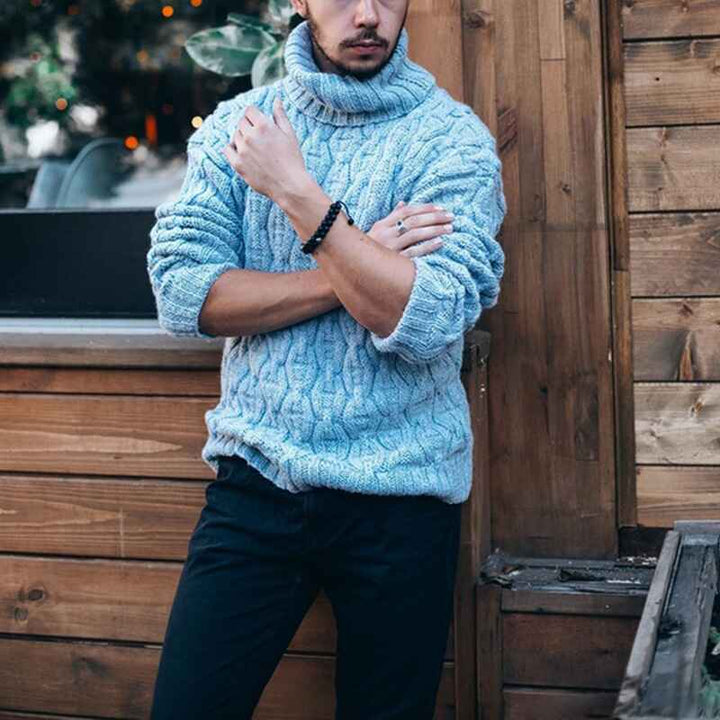 Blue-Mens-Thermal-Turtleneck-Sweater-Long-Sleeve-Cable-Knit-Casual-Chunky-Pullover-Jumper-G042-Front