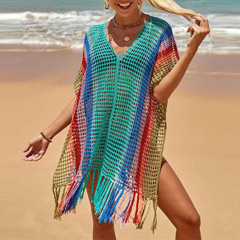Blue-Stripe-Womens-beach-color-matching-hollow-knitted-blouse-sunscreen-knitted-dress