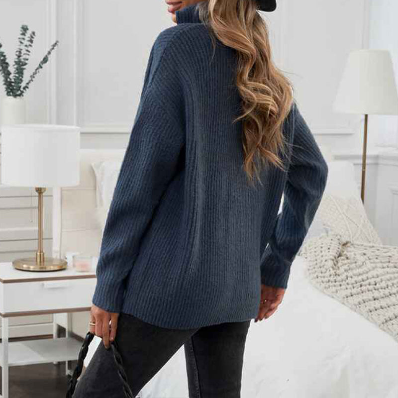 Blue-Womens-1-4-Zipper-Long-Sleeve-V-Neck-Collar-Casual-Oversized-Ribbed-Knit-Pullover-Tunic-Sweater-K190-Side