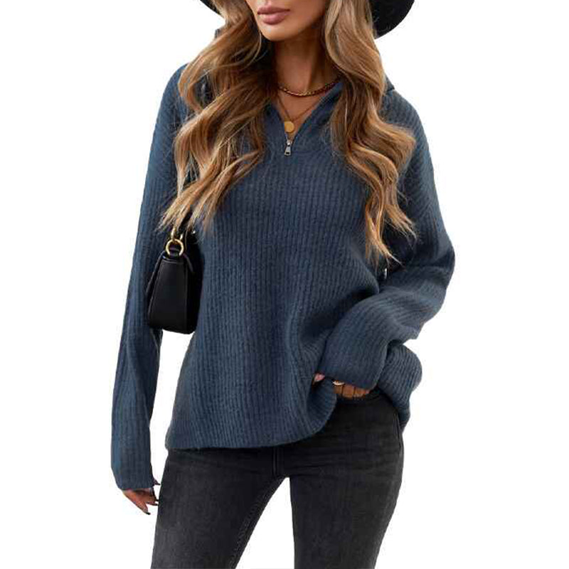       Blue-Womens-1-4-Zipper-Long-Sleeve-V-Neck-Collar-Casual-Oversized-Ribbed-Knit-Pullover-Tunic-Sweater-K190