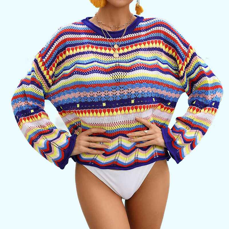Blue-Womens-Beach-casual-crochet-cutout-long-sleeved-blouse-Front-1