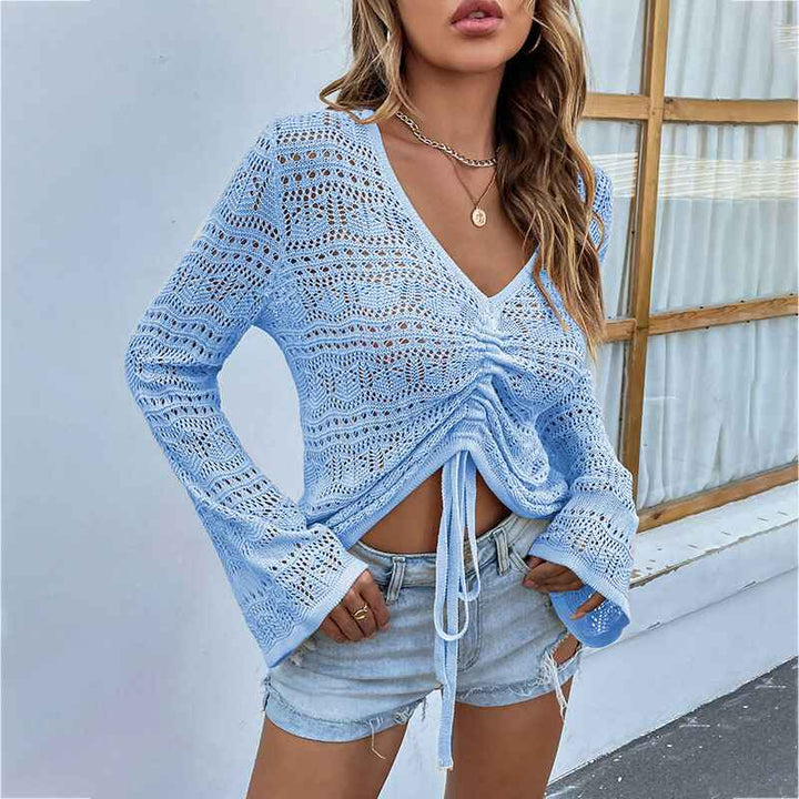Blue-Womens-Boho-Off-Shoulder-Sheer-Crop-Tops-Bell-Sleeve-Flowy-Oversized-Crochet-Ruched-Pullover-Sweaters-K215