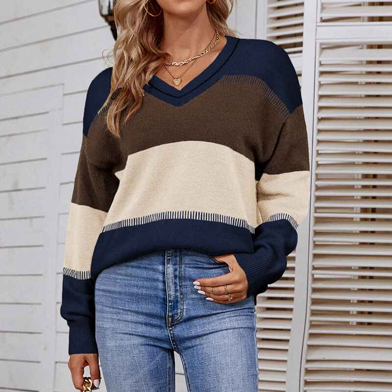Blue-Womens-Casual-Long-Sleeve-Knit-Sweater-V-Neck-Striped-Pullover-Jumper-Tops-K274