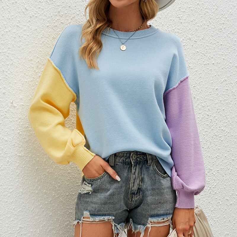 Blue-Womens-Color-Block-Sweater-Round-Neck-Long-Sleeve-Loose-Pullover-Casual-Sweaters-Top-K487-Front-2