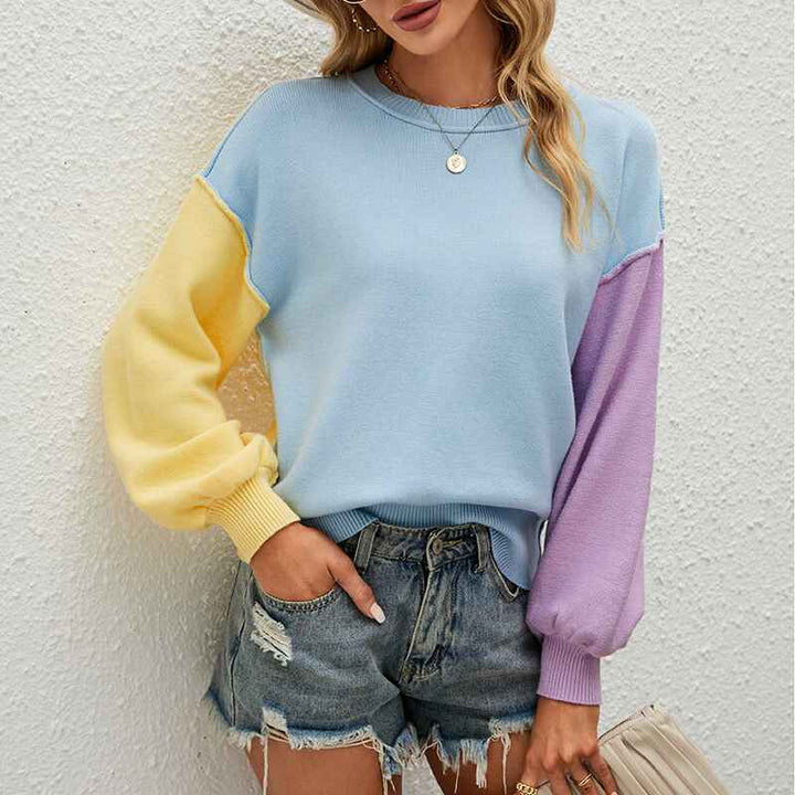 Blue-Womens-Color-Block-Sweater-Round-Neck-Long-Sleeve-Loose-Pullover-Casual-Sweaters-Top-K487-Front