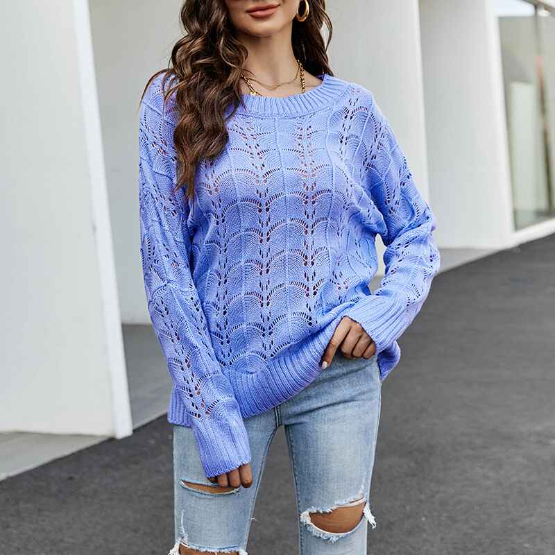 Blue-Womens-Crochet-Hollow-Out-Crewneck-Long-Sleeve-Knit-Sweaters-Pullover-Jumper-Tops-K095