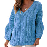 Blue-Womens-Deep-V-Neck-Sweater-Cable-Knit-Pullover-Jumper-Casual-Long-Sleeve-Loose-Tops-Knitwear-K045