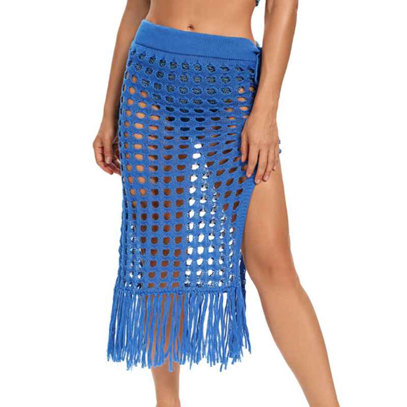 Blue-Womens-Fringe-Split-Knitted-Swimsuit-Beach-Crochet-Cover-Up-Skirt-K551