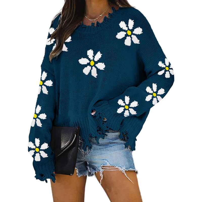    Blue-Womens-Knit-Floral-Print-Sweater-Crewneck-Long-Sleeve-Lightweight-Pullover-Sweatshirt-K208