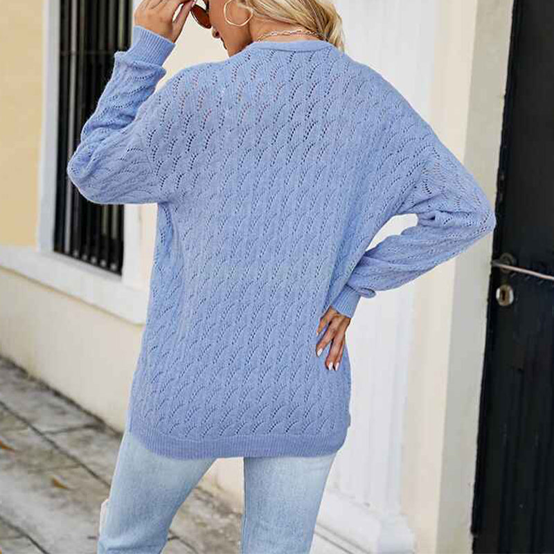 Blue-Womens-Long-Sleeve-Button-Down-Vee-Neck-Classic-Sweater-Knit-Cardigan-K497-Back