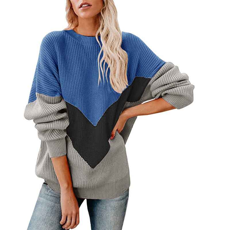     Blue-Womens-Long-Sleeve-Crew-Neck-Pullovers-Stitching-Color-Loose-Knitted-Sweaters-K062