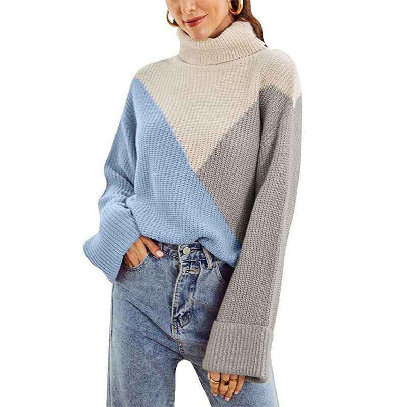 Blue-Womens-Long-Sleeve-Turtleneck-Sweater-Knit-Pullover-Casual-Sweater-K042