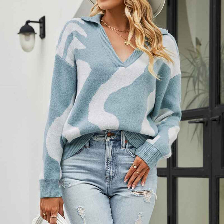    Blue-Womens-Long-Sleeve-V-Neck-Fashion-Sweater-Solid-Color-Ribbed-Knit-Foldover-Collar-Pullover-Cute-Relaxed-Fit-Jumper-K471