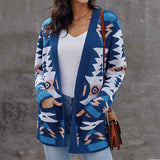 Blue-Womens-Open-Front-Aztec-Cardigan-Pockets-Long-Sleeve-Knit-Sweater-Coat-K098-Front