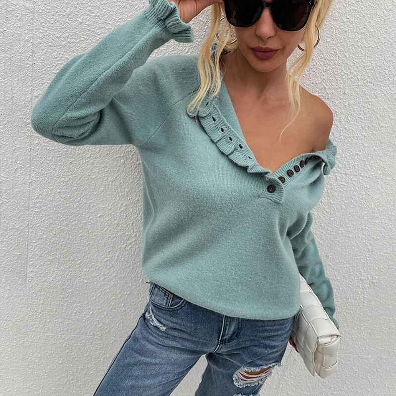 Blue-Womens-Solid-Color-Long-Sleeve-Sweater-Round-Neck-Button-Ruffle-Pullover-Casual-Knit-Top-K261
