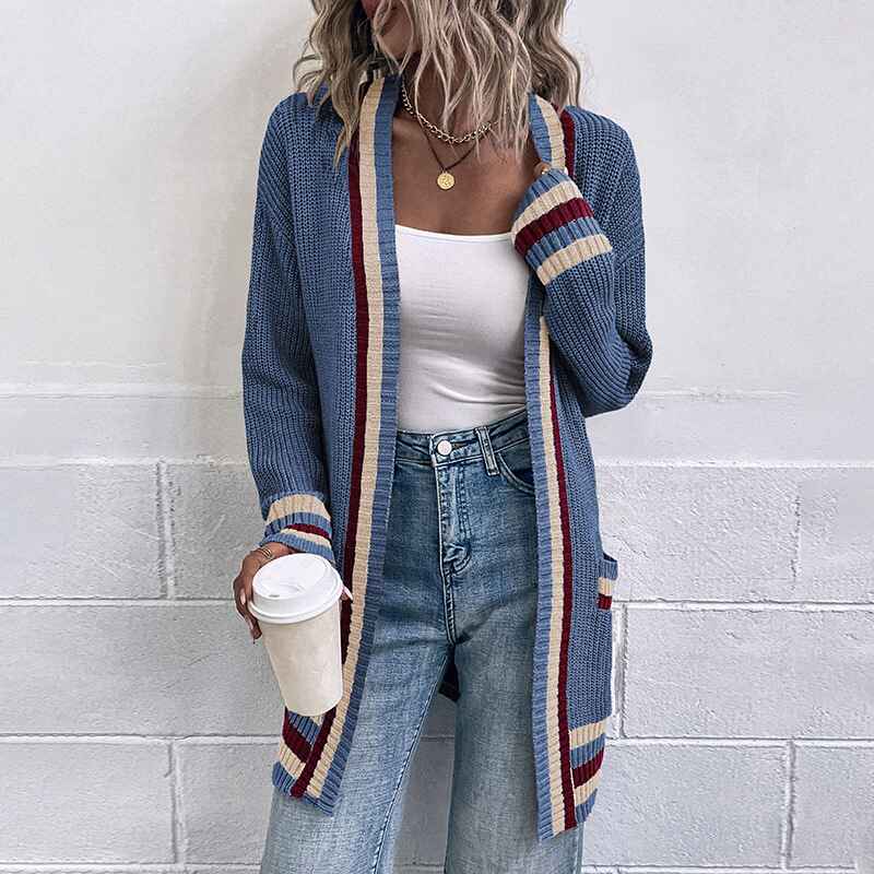 Blue-Womens-Striped-Cardigan-Sweater-Open-Front-Button-Down-Cardigan-Coat-Outwear-with-Pockets-K410