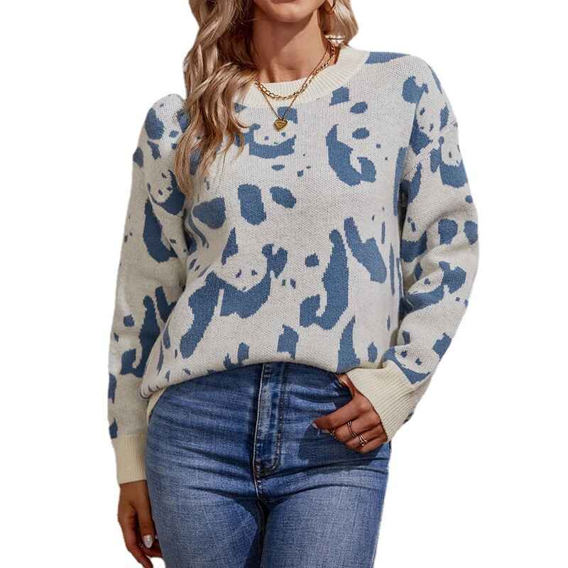 Blue-Womens-Ultra-Soft-Jacquard-Crewneck-Pullover-Sweater-K268-Front