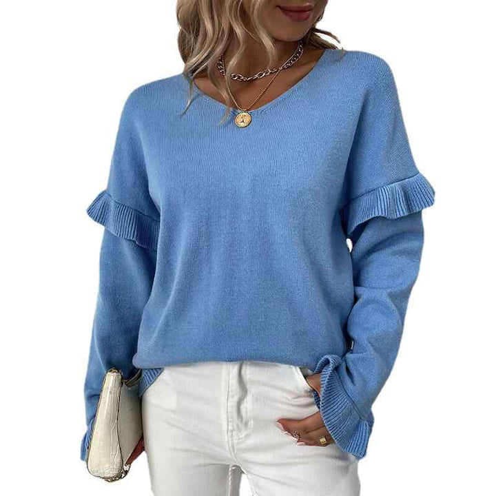    Blue-Womens-V-Neck-Long-Sleeve-Blouse-Loose-Fit-Tunics-Ruffles-Knit-Solid-Color-Tops-Fall-Tee-Shirts-K264