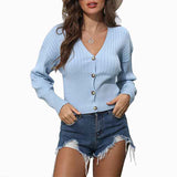 Blue-Womens-V-Neck-Ribbed-Button-Up-Cardigan-Solid-Knitwear-Long-Sleeve-Surplice-Crop-Tops-Sweaters-K284-Front