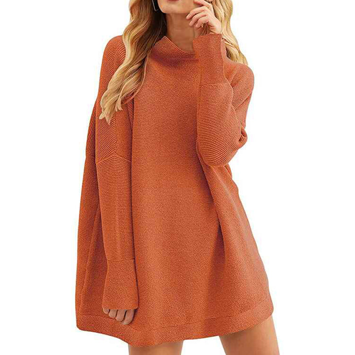 Brick-Red-Women-Polo-Neck-Long-Slim-Fitted-Dress-Bodycon-Turtleneck-Cable-Knit-Sweater-K021