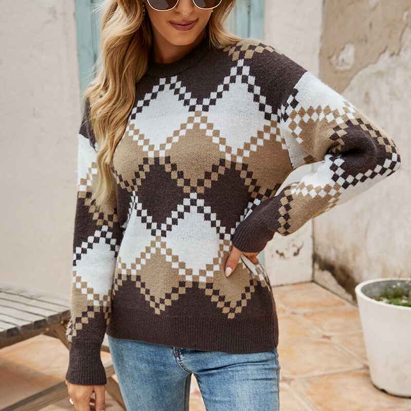       Brown-Argyle-Oversized-Sweater-Pullover-Geometric-Pattern-Knitted-Jumper-Long-Sleeve-Knitted-Sweaters-for-Women-Aesthetic-Vintage-Crewneck-Y2k-Sweater-K436-Front