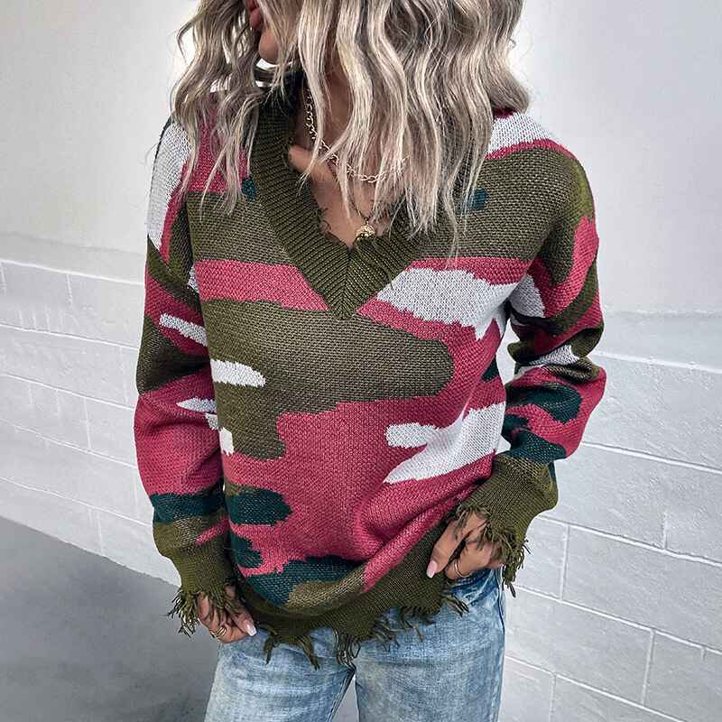 Brown-Astylish-Women-Sexy-Loose-V-Neck-Ripped-Knitted-Pullover-Crop-Sweater-Top-K454