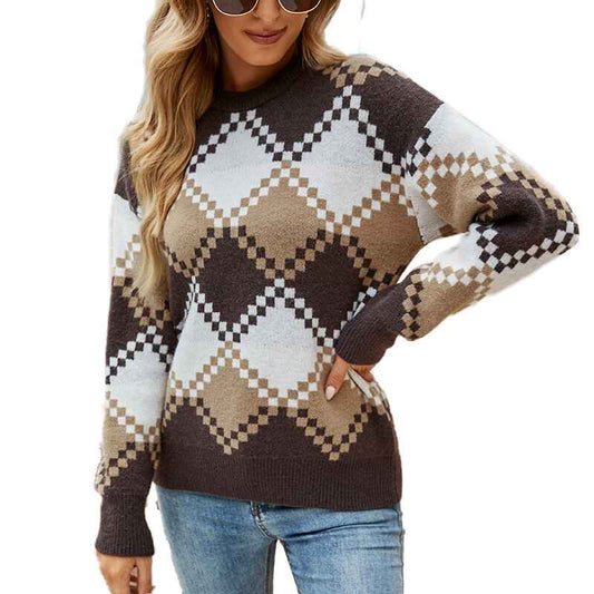 Brown-Brown-Argyle-Oversized-Sweater-Pullover-Geometric-Pattern-Knitted-Jumper-Long-Sleeve-Knitted-Sweaters-for-Women-Aesthetic-Vintage-Crewneck-Y2k-Sweater-K436-Front