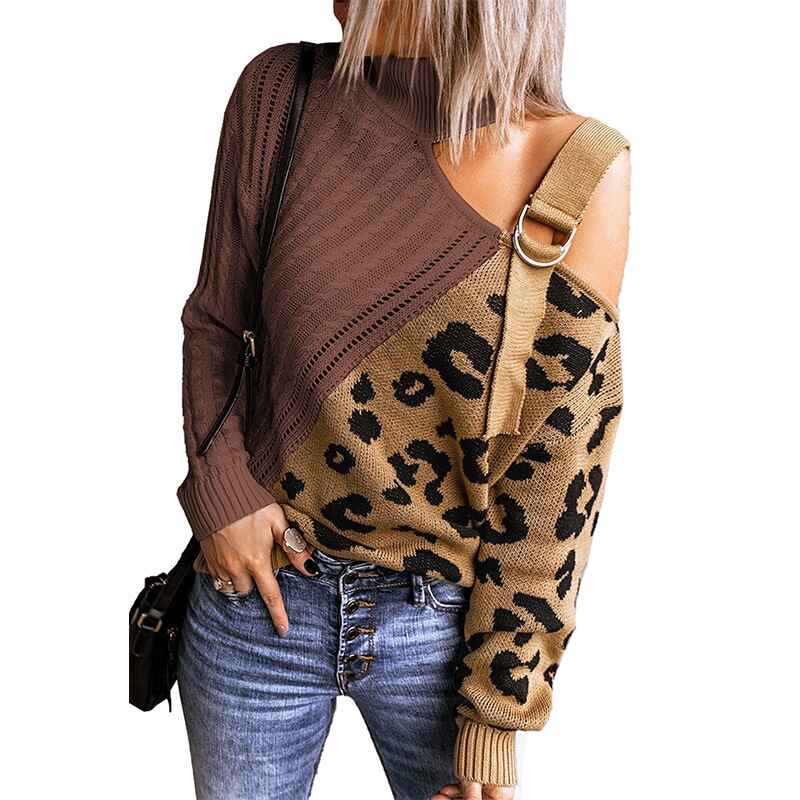 Brown-Leopard-Print-Womens-Long-Sleeve-Cold-Shoulder-Turtleneck-Knit-Sweater-Tops-Pullover-Casual-Loose-Jumper-Sweaters-K195