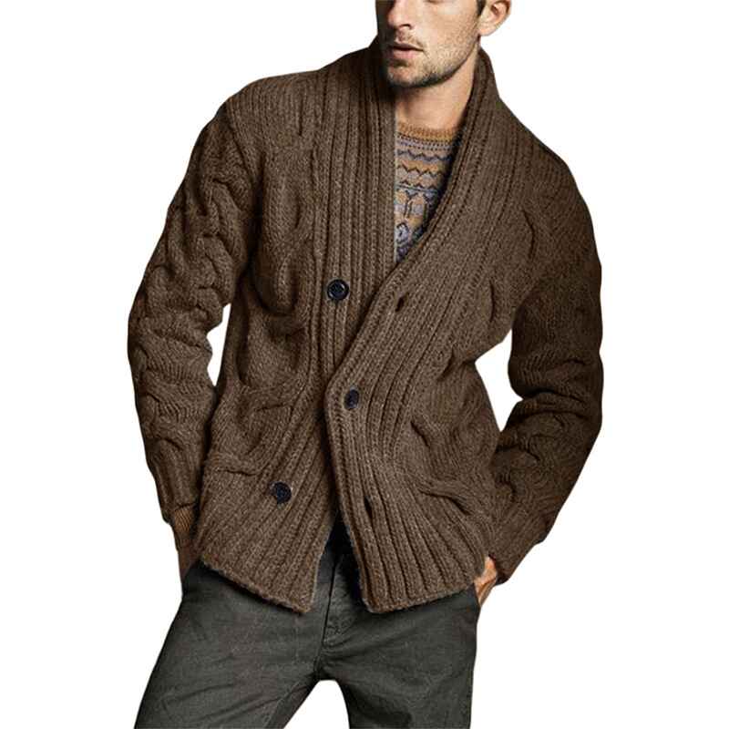 Brown-Mens-Cable-Knit-Cardigan-Sweater-Shawl-Collar-Loose-Fit-Long-Sleeve-Casual-G062