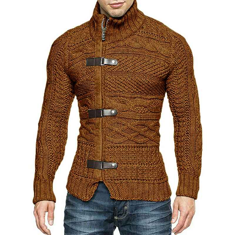 Brown-Mens-Fashion-Casual-Slim-Fit-Button-Down-Cable-Knitted-Stand-Collar-Cardigan-Sweater-G031