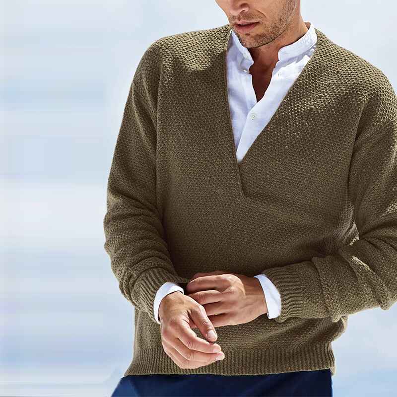 Brown-Mens-Knit-V-Neck-Sweater-Cashmere-Wool-Long-Sleeve-Classic-Pullover-G018