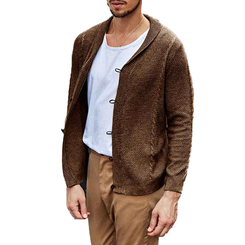 Brown-Mens-Lambswool-Long-Sleeve-Shawl-Collar-Cardigan-Sweater-G017