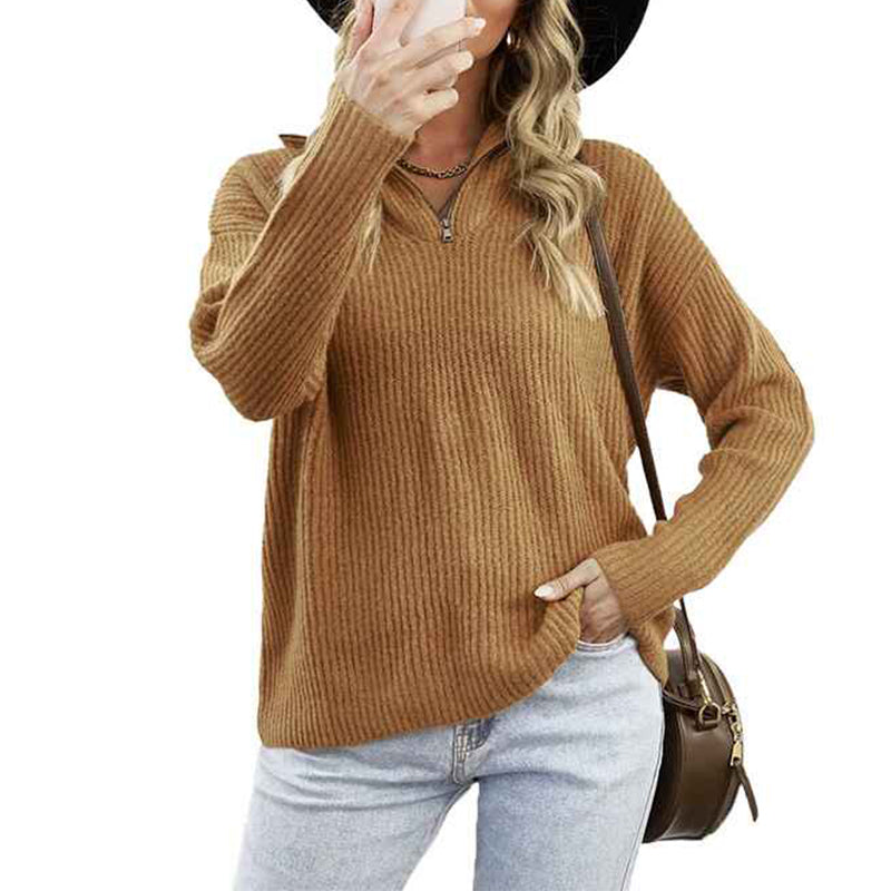 Brown-Womens-1-4-Zipper-Long-Sleeve-V-Neck-Collar-Casual-Oversized-Ribbed-Knit-Pullover-Tunic-Sweater-K190