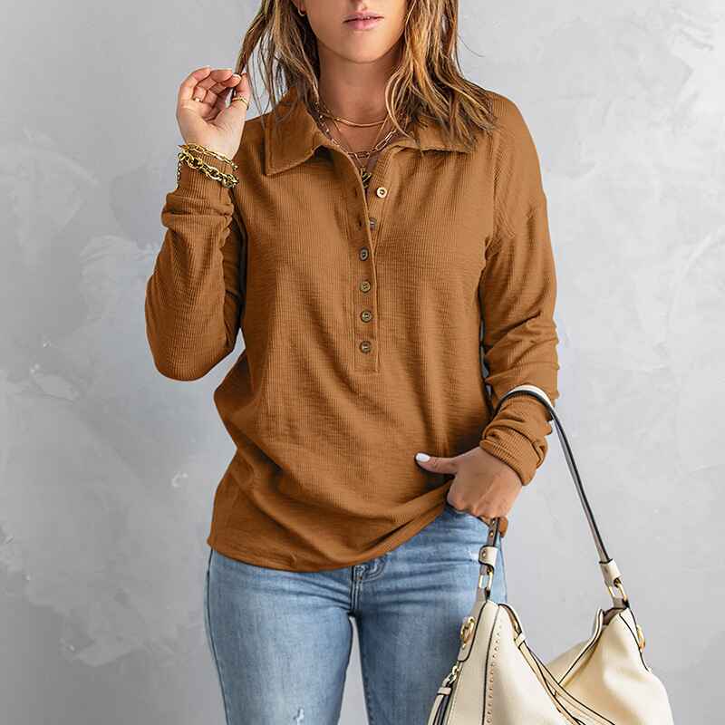 Brown-Womens-Casual-Button-Down-V-Neck-Blouses-Long-Sleeve-Solid-Color-Stand-Collar-Knitted-Tops-Cute-Relaxed-Fit-Shirts-K185-Front