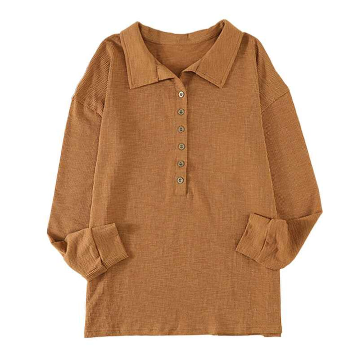 Brown-Womens-Casual-Button-Down-V-Neck-Blouses-Long-Sleeve-Solid-Color-Stand-Collar-Knitted-Tops-Cute-Relaxed-Fit-Shirts-K185