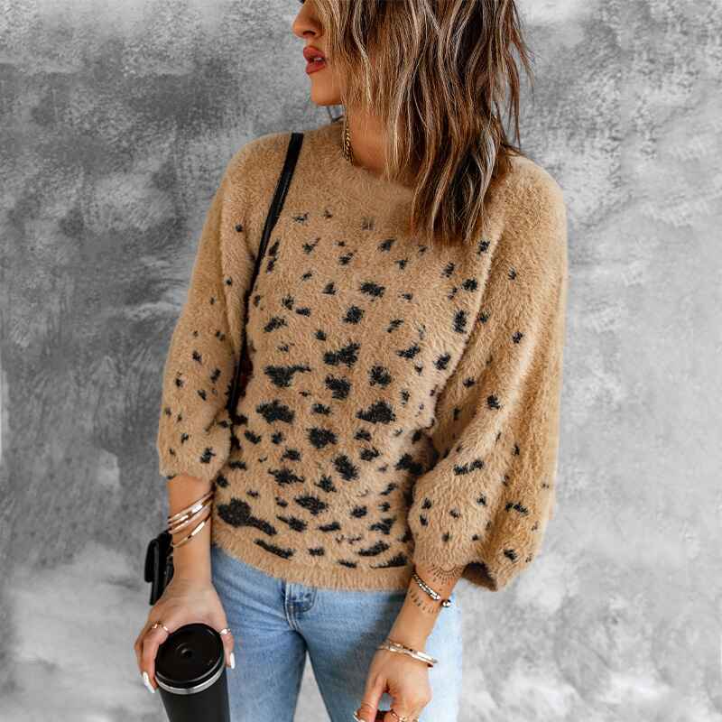 Brown-Womens-Casual-Leopard-Print-Long-Sleeve-Crew-Neck-Knitted-Oversized-Pullover-Sweaters-Tops-K136-Front