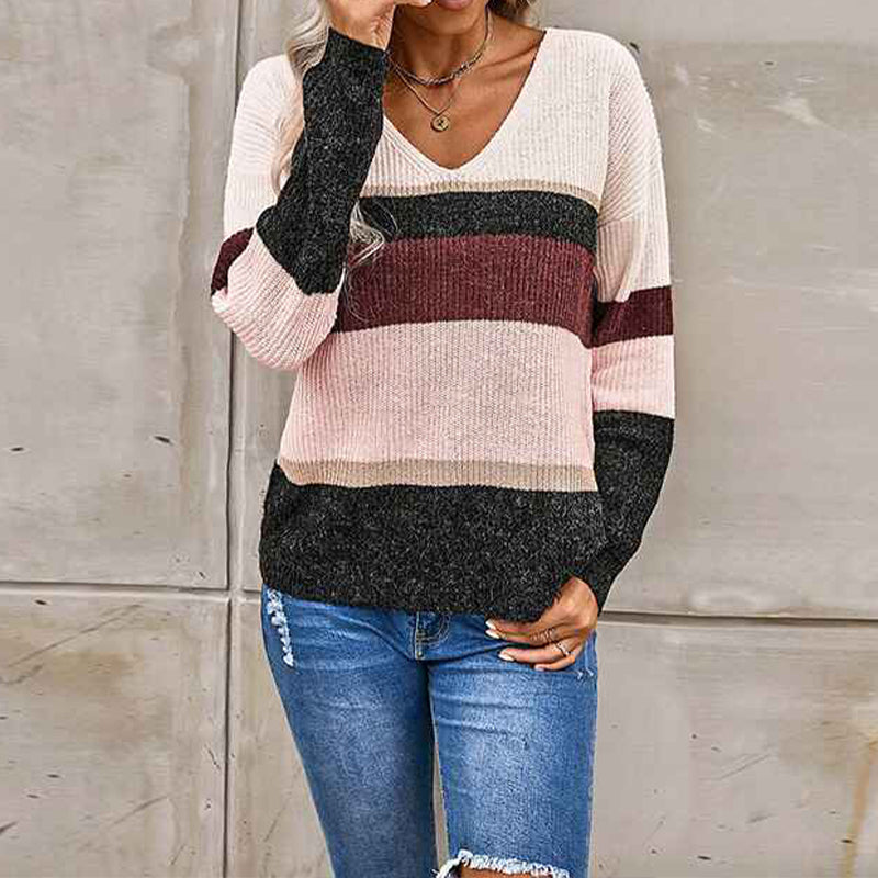 Brown-Womens-Color-Block-Striped-V-Neck-Sweater-Long-Sleeve-Pullover-Knitted-Sweater-K198-Front