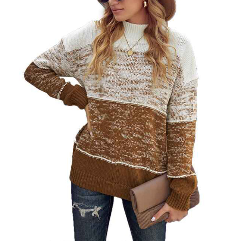 Brown-Womens-Color-Block-Sweaters-Long-Sleeve-Crewneck-Pullover-Knit-Jumper-Tops-K191-Front