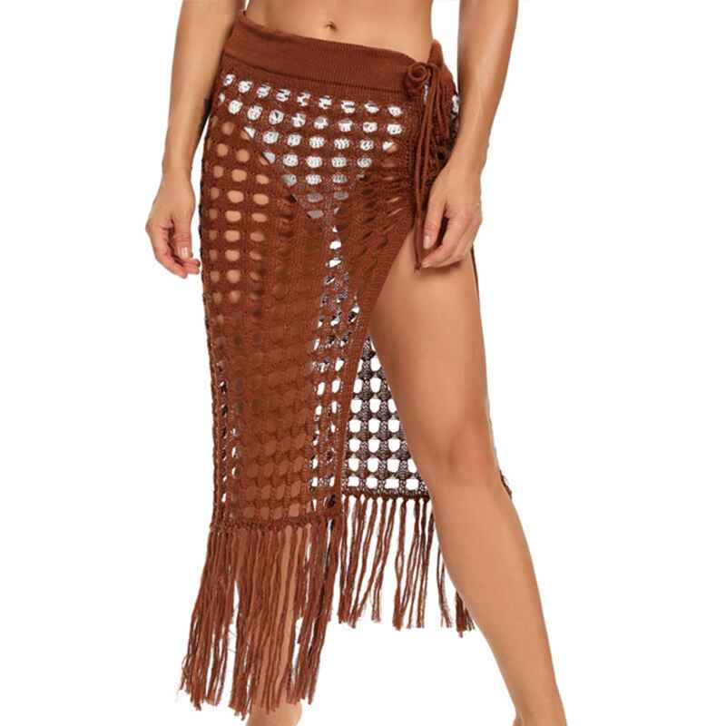 Brown-Womens-Fringe-Split-Knitted-Swimsuit-Beach-Crochet-Cover-Up-Skirt-K551