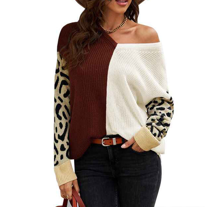 Brown-Womens-Long-Sleeve-V-Neck-Color-Block-Leopard-Knit-Pullover-Sweater-Tops-Winter-Jumper-Tops-K172