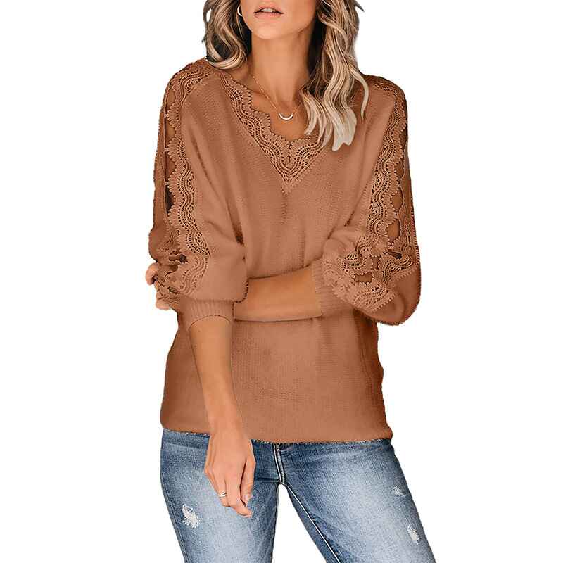Brown-Womens-Long-Sleeve-V-Neck-Hollow-Out-Lace-Patchwork-Ribbed-Kint-Pullover-Sweaters-Tops-K164