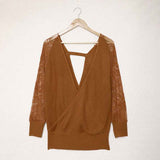     Brown-Womens-Long-Sleeve-V-Neck-Lace-Patchwork-Solid-Color-Ribbed-Knit-Pullover-Sweater-Tops-K165