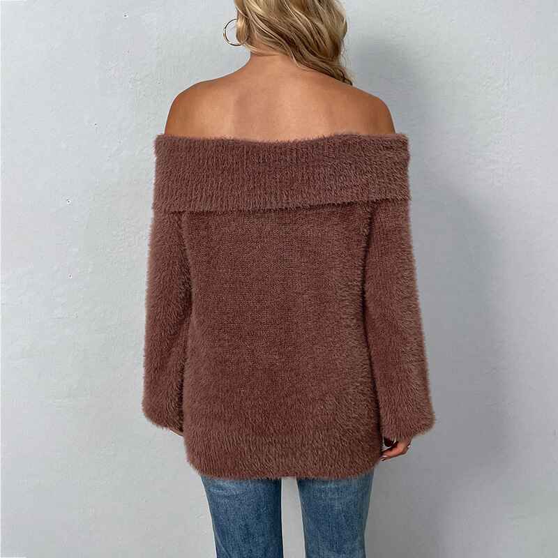 Brown-Womens-Off-Shoulder-Knit-Sweater-Long-Sleeve-Casual-Batwing-Loose-Solid-Pullover-Jumper-K239-Back