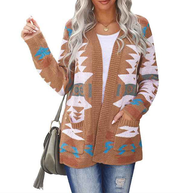 Brown-Womens-Open-Front-Aztec-Cardigan-Pockets-Long-Sleeve-Knit-Sweater-Coat-K098