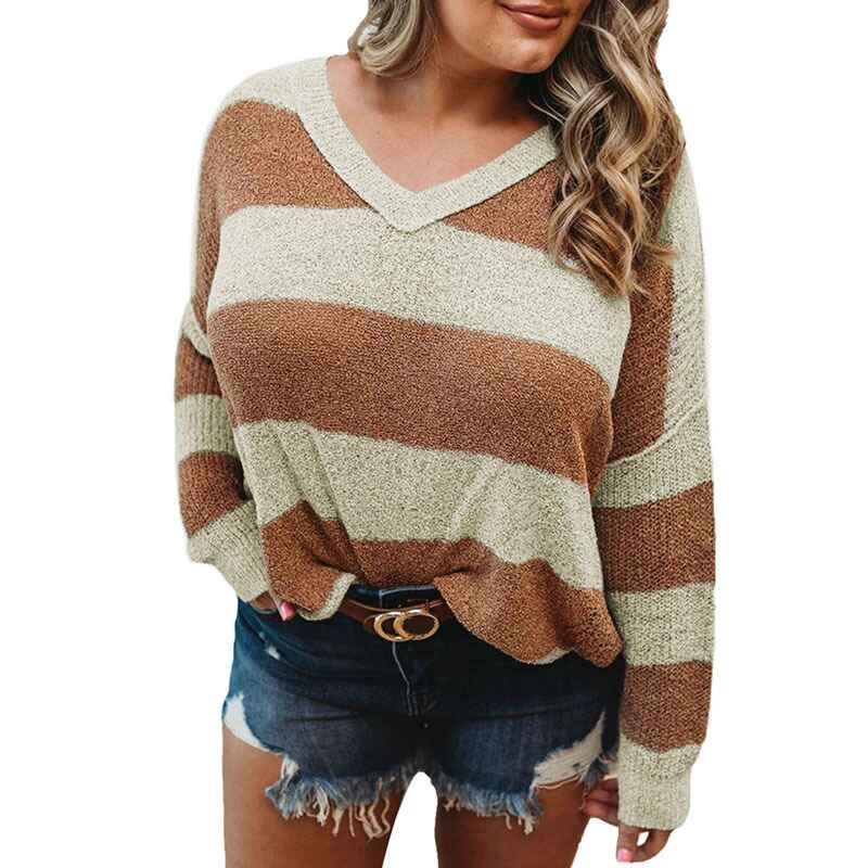 Brown-Womens-Stripe-Sweater-V-Neck-Long-Sleeve-Color-Block-Knit-Top-Casual-Knit-Sweater-K159