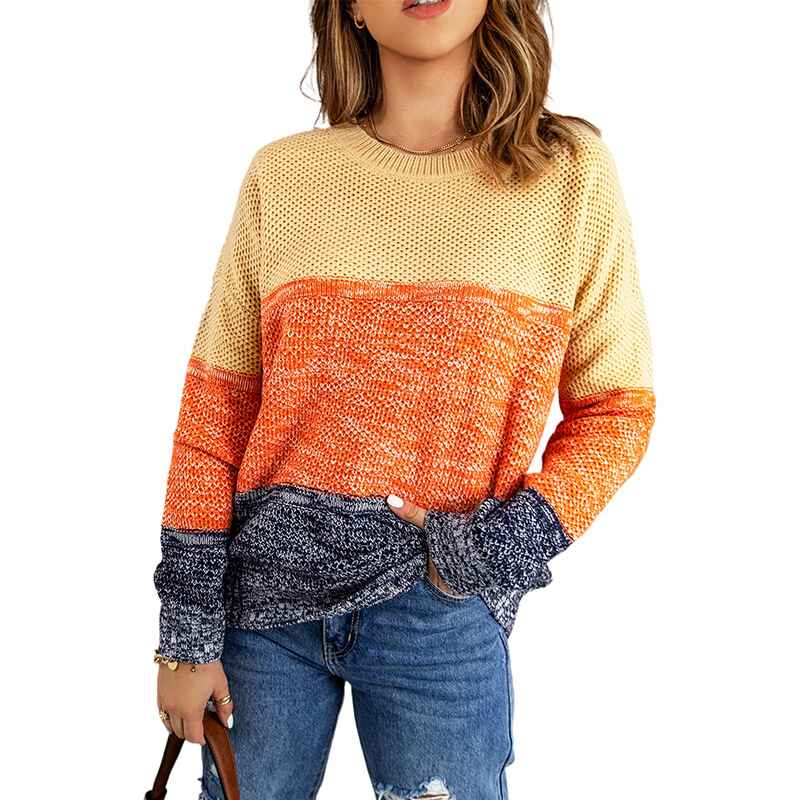    Brown-Womens-Sweater-Pullover-Casual-Long-Sleeve-Crewneck-Color-Block-Pullover-Knit-Sweater-for-Women-K206