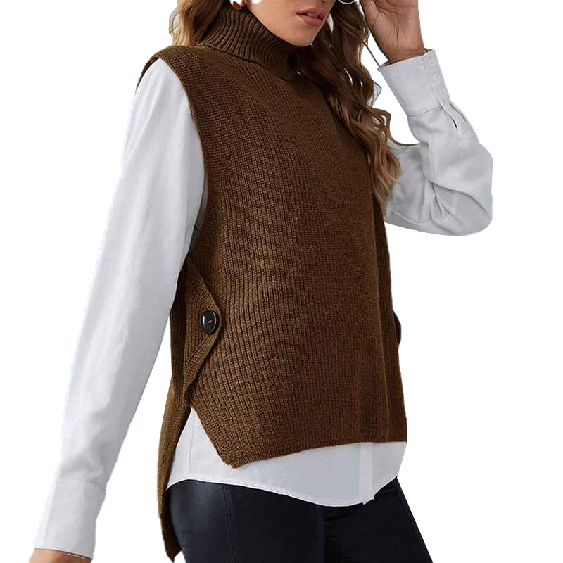Brown-Womens-Sweater-Vest-Cable-Knit-Turtleneck-High-Neck-Sleeveless-Pullover-Tank-Top-K015