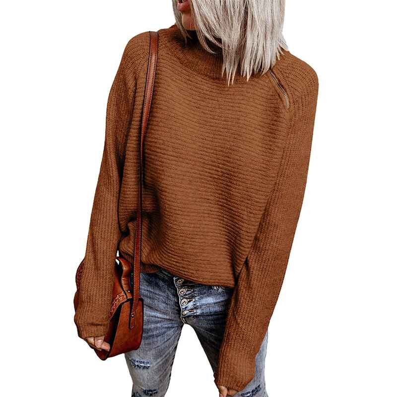 Brown-Womens-Sweaters-Casual-Solid-Color-Blocking-Loose-Pullover-High-Neck-Zipper-Sweater-Fall-K184