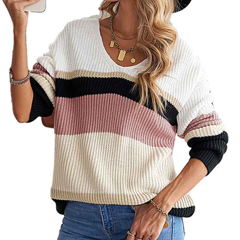 Brown-Womens-Sweaters-Long-Sleeve-V-Neck-Striped-Color-Block-Pullover-Casual-Loose-Knitted-Tops-K133